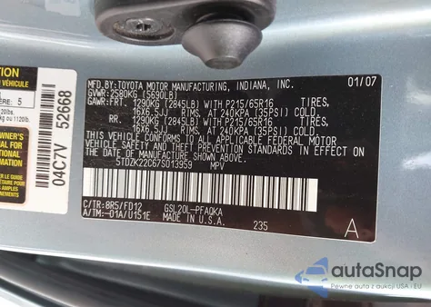 2007 Toyota Sienna Xle z USA, uszkodzony, nr VIN 5TDZK22C67S013959